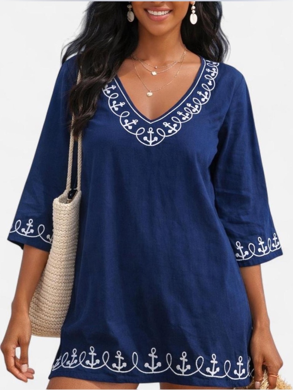 Summer Navy blue/white embroidered anchor tunic shirt with 3/4 sleeves